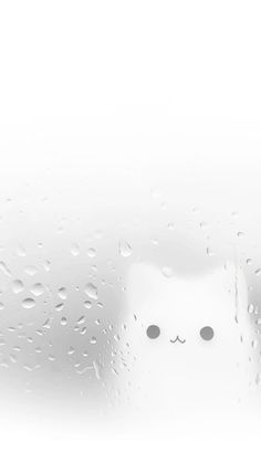 a white cat sitting on top of a window covered in raindrops and looking at the camera