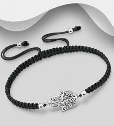 925 Sterling Silver Hamsa with Adjustable Thread Bracelet Width: Pendant: 15/32 inches Height: Pendant: 25/32 inches Classic Silver Adjustable Braided Bracelets, Adjustable Metal Bracelets With Sterling Silver Clasp, Adjustable Silver Braided Bracelet With Sterling Clasp, Classic Adjustable Braided Bracelet With Lobster Clasp, Adjustable Black Bracelet With Sterling Silver Clasp, Adjustable Black Bracelet With Silver Clasp, Adjustable Black Charm Bracelet With Lobster Clasp, Black Sterling Silver Jewelry With Adjustable Length, Nickel-free Black Charm Bracelet