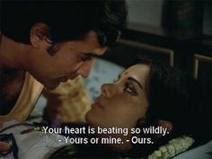 a man and woman laying in bed together with a quote from the movie your heart is beating so wildly yours or mine - ourss