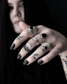 Give your style a personal touch with occult Sterling Silver Rings. Pitch black Onyx Crystal rings, serpent snake rings and pentagram rings. Pic your poison! Lots Of Rings Aesthetic, Punk Style Black Metal Rings, Stacking Rings Ideas, Adjustable Goth Rings, Gothic Sterling Silver Crystal Ring As Gift, Emo Rings, Adjustable Gothic Rings, Gothic Metal Rings For Streetwear, Silver Ring Stack