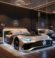 a futuristic bedroom with a mercedes car bed