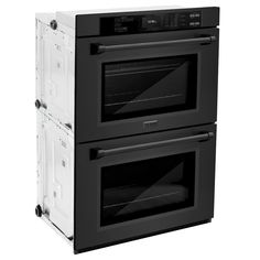 two black and white ovens side by side on a white background with the door open