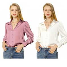 Pair perfectly with your favorite skirts or jeans for a chic look. This satin blouse is a throw-on piece. Wearing this, you can create your stunning chic look effortlessly, and you can be subtly elegant for work now and flirtatiously playful the next. Add this versatile piece to your everyday wardrobe. It can be dressed up or down. The relaxed fit enhances the laid-back look with a bit of glamour. Feminine Fall Tops With Button Closure, Feminine Fall Tops With Buttons, Feminine Fall Blouse With Button Closure, Feminine Buttoned Shirt For Fall, Feminine Button Shirt For Fall, Feminine Fall Shirt With Button Closure, Feminine Long Sleeve Tops With Buttons, Feminine Fall Shirt With Puff Sleeves, Padded Button-up Blouse For Fall