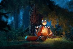 a robot sitting in the middle of a forest at night with its eyes open and glowing