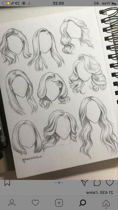 a notebook with drawings of different hair styles on the page and an iphone next to it