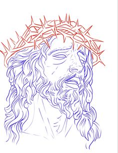 the face of jesus with crown of thorns on his head in blue and red