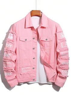 Pink Casual Collar Long Sleeve Denim Slogan Other Embellished Non-Stretch  Men Clothing Yellow Mens Outfits, Pink Clothes Men, Pink Jacket Men, Pink Outfits Men, Frayed Denim Jacket, Jeans Rosa, Casual Denim Jacket, Printed Denim Jacket, Print Denim