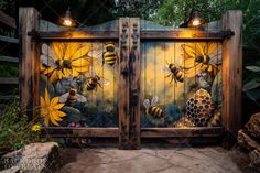 two wooden gates decorated with painted bees and honeybees, surrounded by greenery