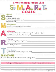 DBT SMART Goals Worksheet for Kids and Teens Goals Worksheet For Kids, Family Therapy Worksheets, Family Learning Activities, Personal Strengths, Smart Goals Worksheet, Smart Goals Template, Counseling Worksheets, Dbt Skills, Behavior Therapy