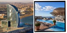 an aerial view of a city and the pool in front of it, with two different views