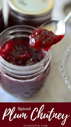 spoon full of plum chutberry jam with the words spiced plum chutney on it