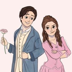 a man and woman are standing next to each other with a rose in their hand