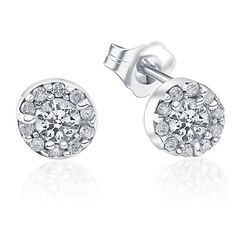 This matching pair of women's earrings features two round brilliant cut natural diamonds that equal .38CT and 20 accent halo natural diamonds. All diamonds are set in solid 14k white gold. The earrings are secured with 14k white gold push backs. 1/2ct total diamond weight. Diamond Earrings Stud, Unique Diamond Earrings, Real Diamond Earrings, Black Diamond Studs, Gold Diamond Necklace, Earrings Elegant, Square Diamond, Unique Diamonds, Classic Jewelry