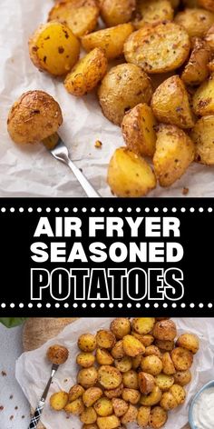 Collage of overhead shot of air fryer roasted baby potatoes at top and bottom. Air Fryer Red Potatoes, Air Fryer Baby Potatoes, Fried Red Potatoes, Baby Potato Recipes, Air Fry Potatoes, Red Potato Recipes, Roasted Baby Potatoes, Mini Potatoes, Quick Snack