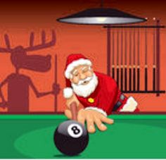 santa claus is playing pool on the green table with his hand in front of him