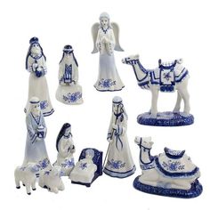 blue and white porcelain figurines depicting the birth of jesus