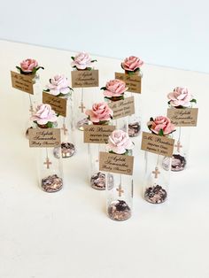 small glass vases with pink flowers and place cards in them for guests to sign