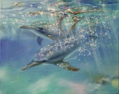 a painting of dolphins swimming in the ocean