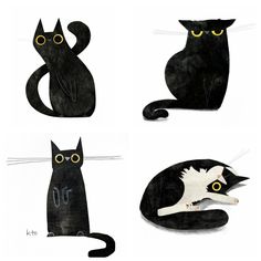 four black cats with yellow eyes sitting on top of each other