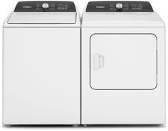 a white washer and dryer sitting side by side on a white surface with the door open