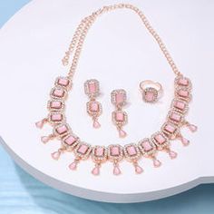 Gold Rodium Polish Pink and Majenta color Necklace in Metal Alloy studded with CZ Diamond Pop Jewelry, Pearl Clasp, Earring Ring, Color Necklace, Women's Jewelry Sets, Cz Diamond, Metal Necklaces, Ring Set, Ring Sets