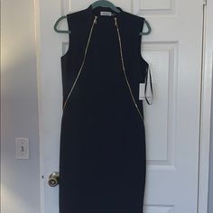 Tags Attached. Color: Navy Blue W Gold Zippers Sleeveless. Size 8 Great For Work Lined. Dry Clean Only. Shell: 63% Polyester, 33% Rayon, 4% Spandex Lining: 100% Polyester Blue Sleeveless Dress With Zipper Closure, Calvin Klein Sleeveless Lined Midi Dress, Calvin Klein Sleeveless Party Midi Dress, Klein Blue, Calvin Klein Dress, Calvin Klein Dresses, Gold Zipper, Womens Calvin Klein, Calvin Klein