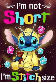 the stitcher is holding a teddy bear in front of her shirt that says i'm not short, i'm stitch size