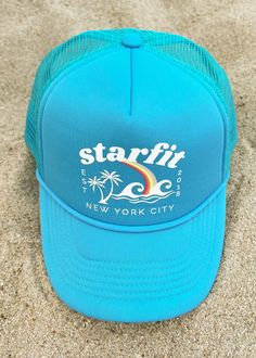 Starfit trucker hats! Offered in 4 styles. Mesh back with adjustable snapback. Terry fabric lines the inside for ultra comfort and sweat wicking. Smiley: white hat with chenille embroidery New York: light pink hat with 3D embroidery Varsity: white hat with embroidery Tropics: teal blue hat with print Summer Sports Trucker Hat With Curved Bill, Trendy Snapback Hat With Flat Bill For Sports, Summer Sports Snapback Hat With Curved Bill, Trendy Snapback Hat With Curved Bill For Sports, Curved Bill Snapback Hat For Sports In Summer, Summer Sports Trucker Hat With Flat Bill, Sporty Snapback Hat With Curved Bill, Sporty Adjustable Fit Snapback Trucker Hat, Breathable Curved Bill Snapback Hat For Summer