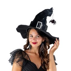 PRICES MAY VARY. WHAT YOU GET: 1 Piece of Black Witch Hat, 1 Piece of Detachable Spider, 2 Pieces of Black Pins SIZE: The Halloween Witch Hat's Height is Approx. 13.7 Inch(35cm),Outer Diameter is 17 Inch(43cm), Internal Diameter is 7.5 Inch(19cm), One Size Fit for Most SPECIAL DESIGN: The Classic Leather Black Witch Hat With Rhinestone, the Rhinestone Make Your Hat More Psychedelic, Mysterious and Dramatic, Catching the Eyes of Others and Enhancing the Festive Atmosphere COMFORTABLE AND DURABLE: Black Witchy Hat For Halloween, Black Novelty Hat For Halloween, Witchy Halloween Costume Hats And Headpieces For Party, Spooky Black Costume Hat, Spooky Black Costume Hats And Headpieces For Halloween, Spooky Hats For Halloween Costume Party, Halloween Novelty Costume Hat With Wide Brim, Witchy Black Costume Hats And Headpieces For Fall, Halloween Novelty Wide Brim Costume Hat