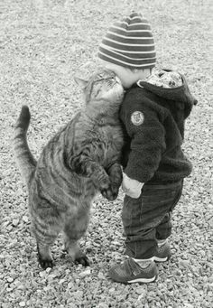 a little boy standing next to a cat on top of a gravel field and touching it's face