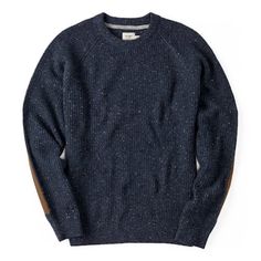 A warm and well-made men’s sweater with durable elbow patches Sweater With Elbow Patch, Flint And Tinder, Crew Neck Sweaters, Patch Sweater, Elbow Patch Sweater, Elbow Patch, Vintage Silhouette, Elbow Patches, Waxed Cotton