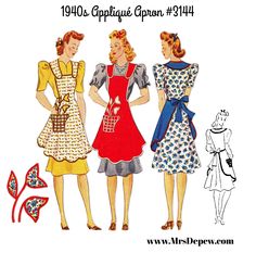 three women wearing aprons and dresses from the 1950's