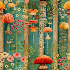 Huggleberry Hill Fairytale Frolic Wallpaper Peel And Stick Wallpaper Orange, Mushroom Wallpaper Home, Peel Stick Wallpaper Accent Walls, Forest Inspired Room, Funky Wallpaper Bedroom, Comet Wallpaper, Wallpaper Persian, Funky Bathroom Wallpaper, Dark Moody Wallpaper