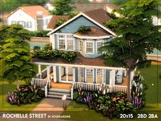 this is an artist's rendering of a house with porches and trees in the front yard