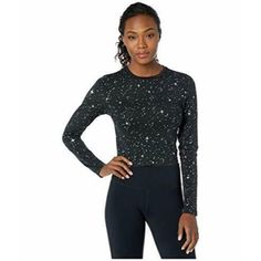 This Is A Great Nike Pro Warm Top. Starry Night Pattern In Black With Silver Metallic Stars. Size - M Black Stretch Top With Star Print, Fitted Star Print Tops For A Night Out, Fitted Star Print Top For Night Out, Starry Night Pattern, Night Pattern, Clothing Black, Activewear Brands, Nike Pros, Yoga Women