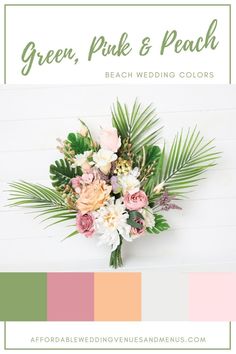 the green, pink and peach wedding color scheme is featured in this postcard design