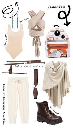 the star wars character costume is shown with accessories and items to wear in this image