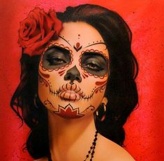 Mexican Skull Face Paint, Day Of The Dead Face Paint Simple, Mexican Sugar Skull Makeup, Half Catrina Makeup, Red Day Of The Dead Makeup, Pink Day Of The Dead Makeup, Catrina Face Makeup