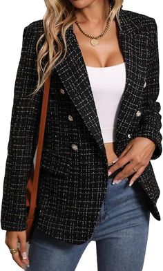 2024 Fall Tweed Blazer Jacket for Women Fashion Casual Open Front Business Elegant Work Suit Top Pocket - fall jackets Blazer Plus Size, Tweed Blazer Women, Spring Blazer, Womens Tweed, Plus Size Blazer, Blazer Jackets For Women, Business Casual Outfits For Women, Corporate Outfits, Womens Business Casual