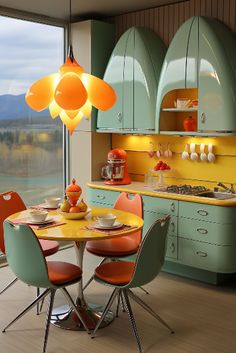 a kitchen with yellow walls and orange chairs around a round table in front of a window