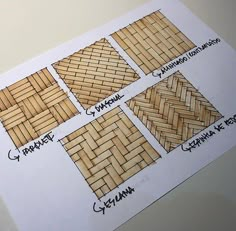 four different types of wood flooring laid out on top of a white paper sheet