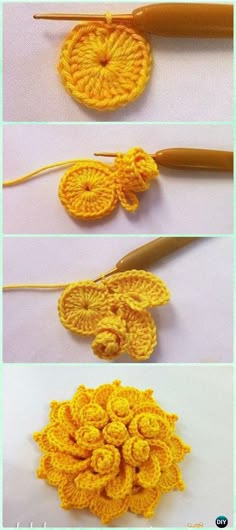 crocheted flowers are being made with yarn