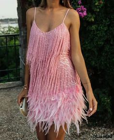 Olivia Mark - Fashionable Sequined Feather Patchwork Cocktail Dress Spring Feather Trim Mini Dress, Spring Fringe Dress, Pink Fringe Dress For Spring, Party Mini Dresses, Dress Collar, Cover Beachwear, Clubwear Dresses, Long Sleeve Print Dress, Fairy Dress