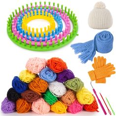 colorful knitted hats, gloves and yarns are shown with knitting needles in the foreground