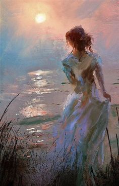 a painting of a woman standing on the shore looking out into the ocean at sunset