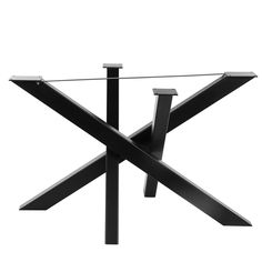 a glass table with black metal legs and an upside down design on the top, against a white background