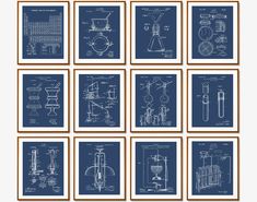 nine blueprinted drawings of various apparatuss