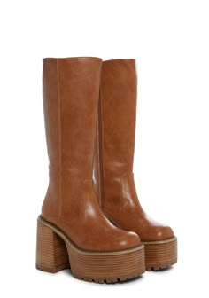 Delia's PU Knee High Platform Boots - Light Brown – Dolls Kill Wide Foot Boots, Doc Marten Monkey Boot, Skirts And Boots Winter, Knee High Boots With Buckles, Retro Platform Boots, Brown Go Go Boots, Chunky 70s Boots, Brown Platform Boots 70s, Knee High Fall Boots