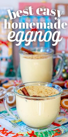 two glasses filled with eggnog on top of a table