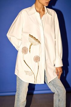 White shirt with zardozi, pearl embroidery in floral placement pattern. - Aza Fashions Placement Pattern, Pearl Collar, Pearl Embroidery, Cotton Embroidery, Fashion App, Puffed Sleeves, Shirt For Women, Embroidered Shirt, Shirt Pattern